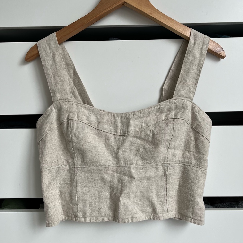 Abercrombie & Fitch Tan Beige Linen Blend Smocked Back Crop Tank Top